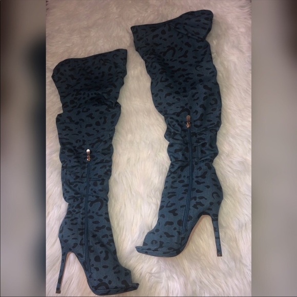 LILIANA Blue Denim Scrunched Leopard Spot Heels - Picture 5 of 5